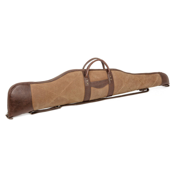 Load image into Gallery viewer, Brown leather and beige waxed canvas  scoped hunting rifle case on a white background
