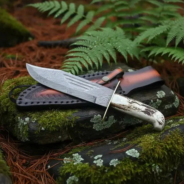 Load image into Gallery viewer, Handmade Damascus Bowie Knife – Stag Antler Handle, Brass Guard &amp; Leather Sheath
