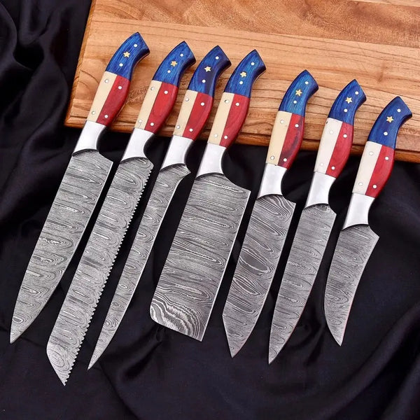 Load image into Gallery viewer, 7-Piece Handmade Damascus Steel Chef Knife Set – Twist Pattern Full Tang Kitchen Knives

