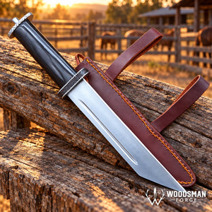 Ravenhorn Fieldcrest™ Seax Knife – 1040 Carbon Steel, Natural Horn Handle & Leather Scabbard
