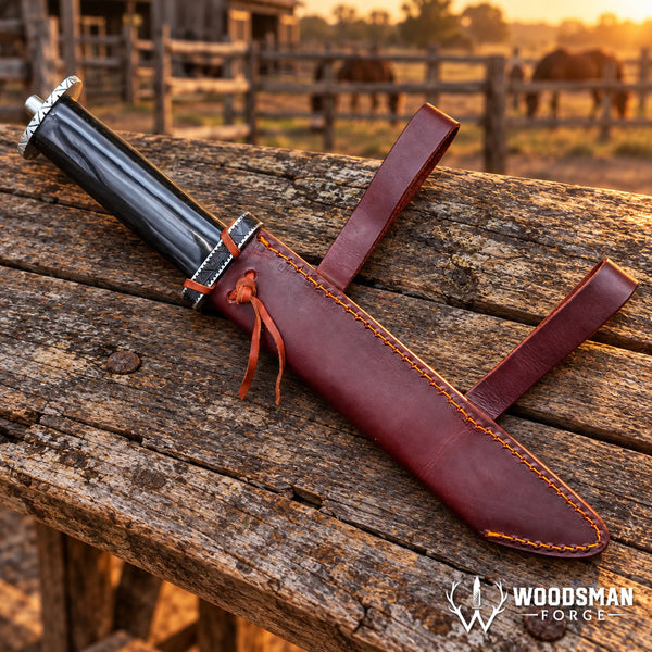 Load image into Gallery viewer, Ravenhorn Fieldcrest™ Seax Knife – 1040 Carbon Steel, Natural Horn Handle &amp; Leather Scabbard
