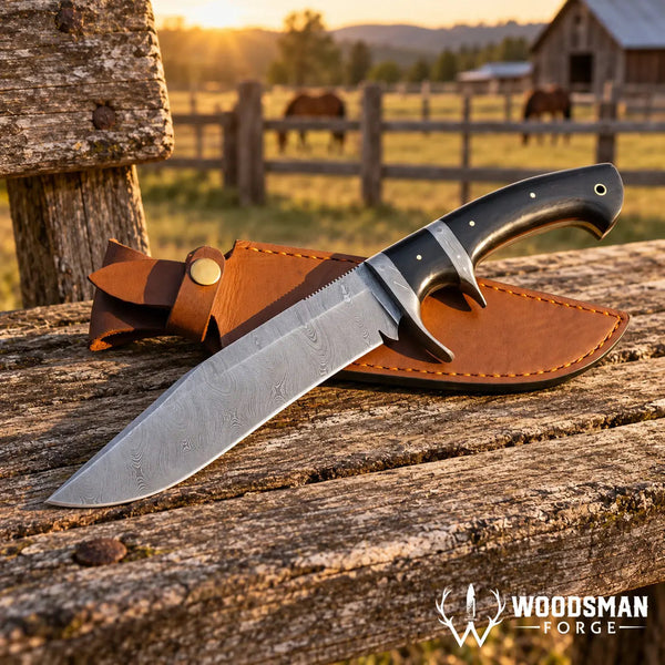 Load image into Gallery viewer, Blackwarden Damascus Bowie Knife – Black Micarta Handle
