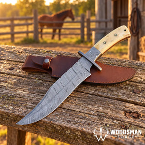 Bonecrest Damascus Bowie Knife – Cow Bone Handle & Mosaic Pins