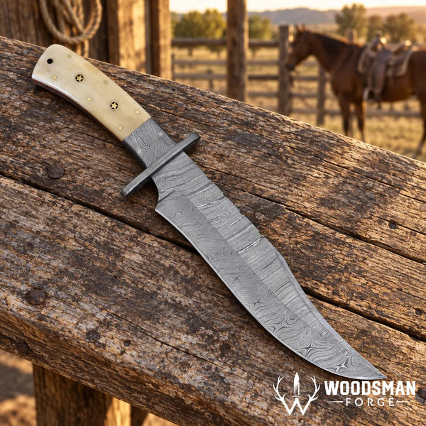 Load image into Gallery viewer, Bonecrest Damascus Bowie Knife – Cow Bone Handle &amp; Mosaic Pins
