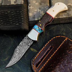 Damascus Hunting Pocket Knife with Camel Bone, Wenge & Resin Handle