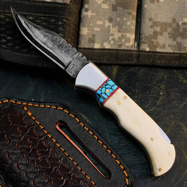 Load image into Gallery viewer, Damascus San Mai Knife with Camel Bone Handle
