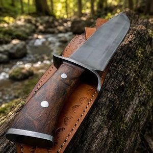 Hand Forged Bowie Hunting Knife with Wooden Handle & Leather Sheath