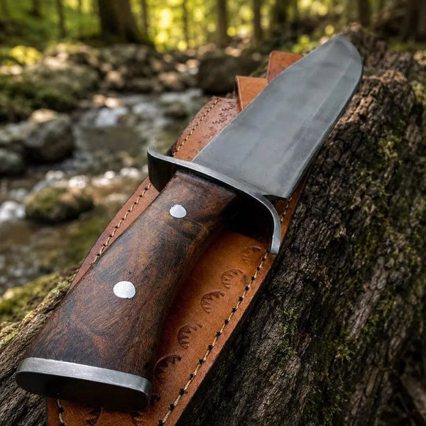 Load image into Gallery viewer, Hand Forged Bowie Hunting Knife with Wooden Handle &amp; Leather Sheath
