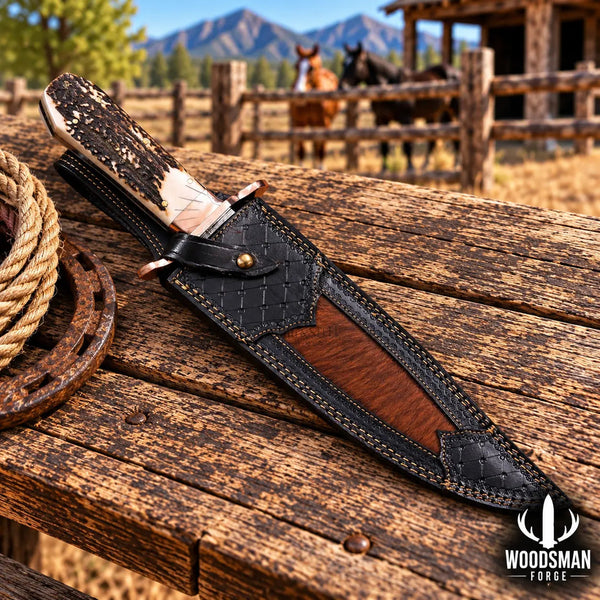 Load image into Gallery viewer, Copperwarden Copper Damascus Bowie Knife – Stag Antler Handle
