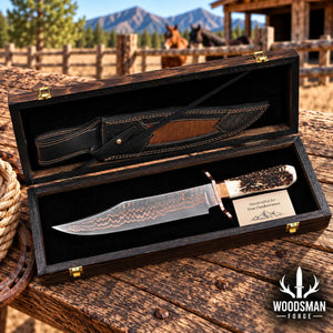 Copperwarden Copper Damascus Bowie Knife – Stag Antler Handle