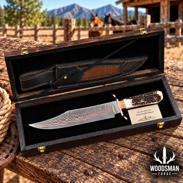 Load image into Gallery viewer, Copperwarden Copper Damascus Bowie Knife – Stag Antler Handle
