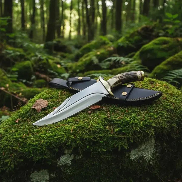 Load image into Gallery viewer, D2 Steel Bowie Knife – Twin Fuller Blade, Stag Antler Handle &amp; Leather Sheath

