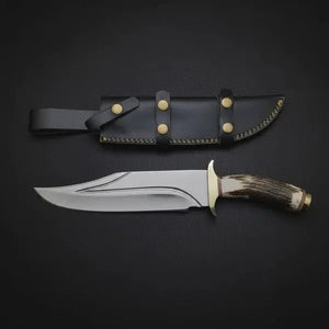 D2 Steel Bowie Knife – Twin Fuller Blade, Stag Antler Handle & Leather Sheath