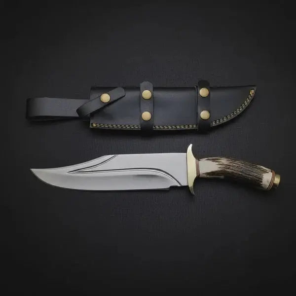 Load image into Gallery viewer, D2 Steel Bowie Knife – Twin Fuller Blade, Stag Antler Handle &amp; Leather Sheath

