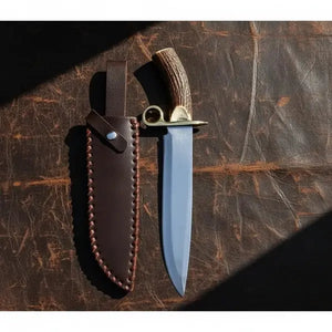 D2 Steel Bowie Knife – Mirror Polish, Stag Antler Handle & Leather Sheath