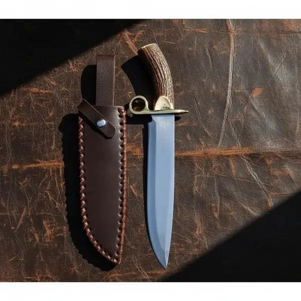 Load image into Gallery viewer, D2 Steel Bowie Knife – Mirror Polish, Stag Antler Handle &amp; Leather Sheath
