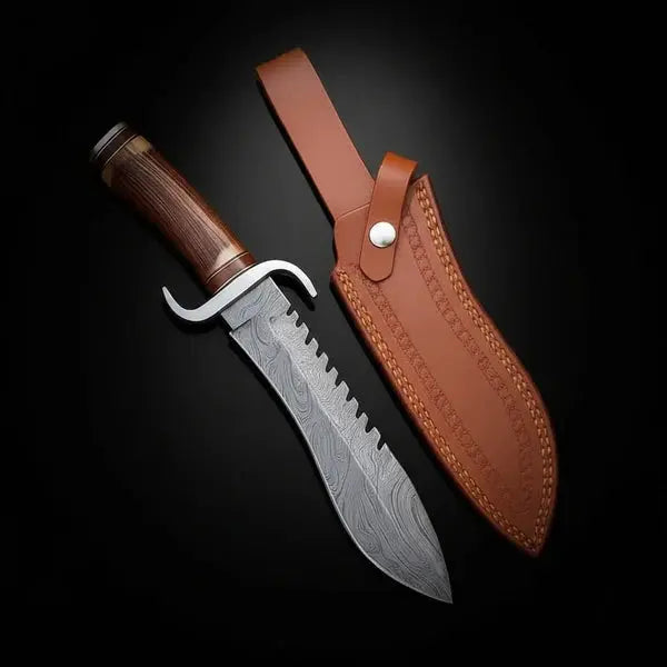 Load image into Gallery viewer, Handmade Damascus Bowie Knife – Antler &amp; Rosewood Handle, Serrated Spine
