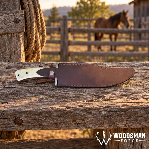 Load image into Gallery viewer, Bonecrest Damascus Bowie Knife – Cow Bone Handle &amp; Mosaic Pins
