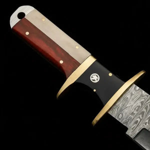 Handmade Damascus Bowie Knife – Rosewood & Bone Handle, Brass Guard & Leather Sheath