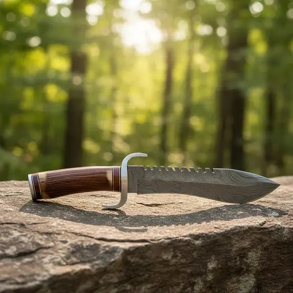 Load image into Gallery viewer, Handmade Damascus Bowie Knife – Antler &amp; Rosewood Handle, Serrated Spine
