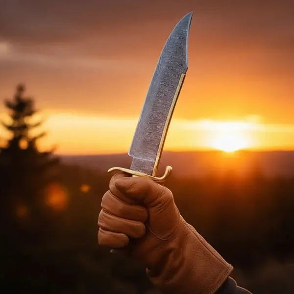 Load image into Gallery viewer, Handmade Damascus Bowie Knife – Rosewood Handle, Brass Guard &amp; Leather Sheath
