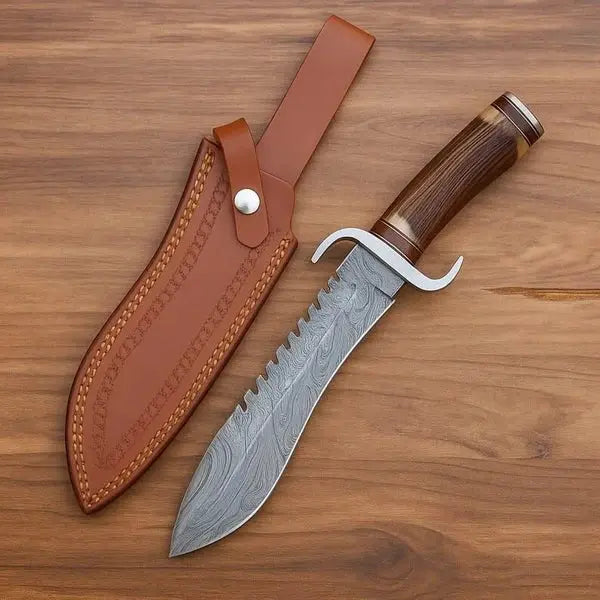 Load image into Gallery viewer, Handmade Damascus Bowie Knife – Antler &amp; Rosewood Handle, Serrated Spine
