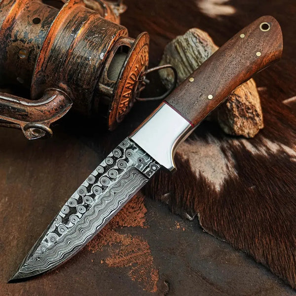 Load image into Gallery viewer, 8.8" Handmade Damascus Bushcraft Knife – Full Tang Wood Handle &amp; Sheath
