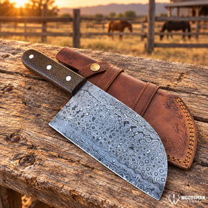 Rainforge Emberstone™ 512-Layer Raindrop Damascus Cleaver Knife – Brown Micarta