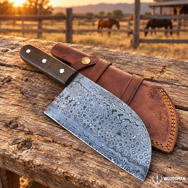 Load image into Gallery viewer, Rainforge Emberstone™ 512-Layer Raindrop Damascus Cleaver Knife – Brown Micarta
