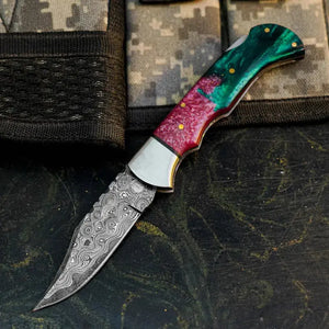 Damascus Folding Pocket Knife with Resin Handle | Handmade Hunting Knife