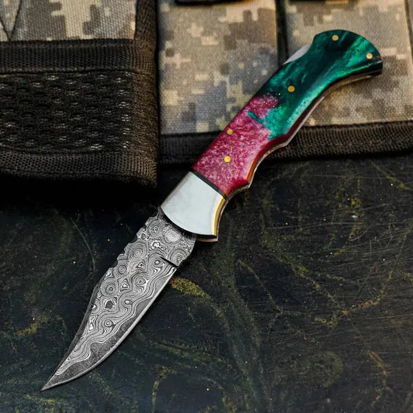 Load image into Gallery viewer, Damascus Folding Pocket Knife with Resin Handle | Handmade Hunting Knife
