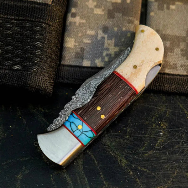 Load image into Gallery viewer, Damascus Hunting Pocket Knife with Camel Bone, Wenge &amp; Resin Handle
