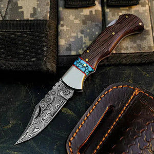 Damascus Folding Hunting Pocket Knife – Wenge Wood Handle