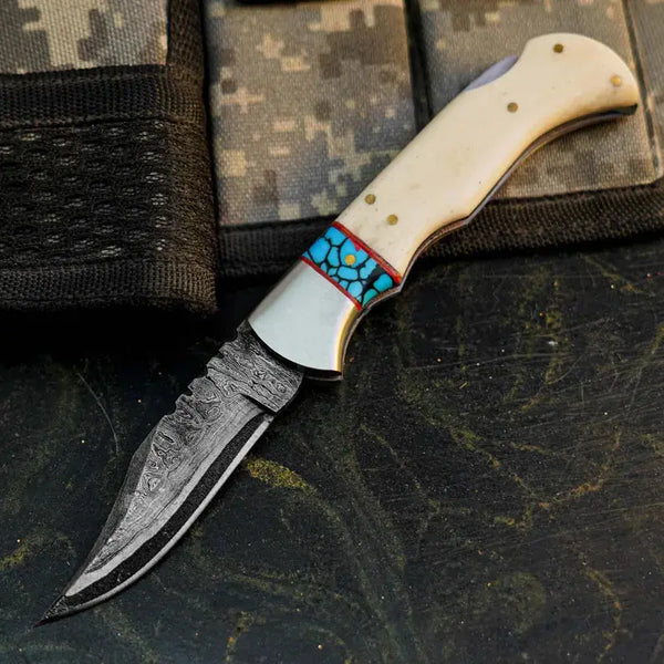 Load image into Gallery viewer, Damascus San Mai Knife with Camel Bone Handle
