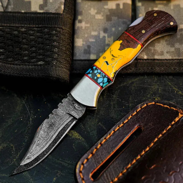 Load image into Gallery viewer, Damascus San Mai Hunting Knife with Wenge &amp; Resin Handle

