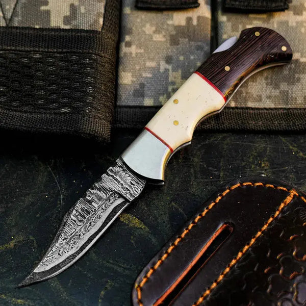 Load image into Gallery viewer, Damascus Folding Hunting Knife with Wenge &amp; Camel Bone Handle
