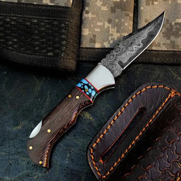 Load image into Gallery viewer, Damascus Folding Hunting Pocket Knife – Wenge Wood Handle
