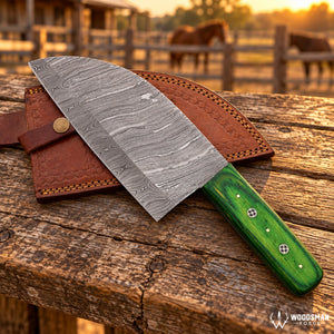 Emerald Mosaiccrest™ Damascus Serbian Chef Knife – Green Pakka Wood Handle