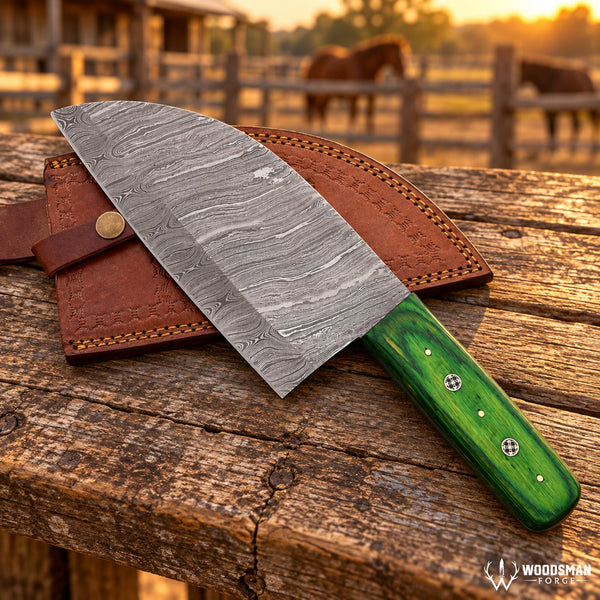 Load image into Gallery viewer, Emerald Mosaiccrest™ Damascus Serbian Chef Knife – Green Pakka Wood Handle
