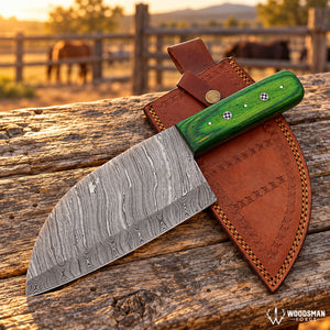 Emerald Mosaiccrest™ Damascus Serbian Chef Knife – Green Pakka Wood Handle