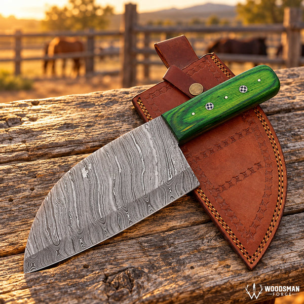 Load image into Gallery viewer, Emerald Mosaiccrest™ Damascus Serbian Chef Knife – Green Pakka Wood Handle
