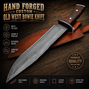 Hand Forged Bowie Hunting Knife with Wooden Handle & Leather Sheath