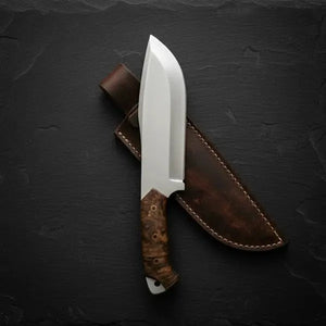 Handmade D2 Steel Bowie Knife – Stabilized Burl Wood Handle & Leather Sheath