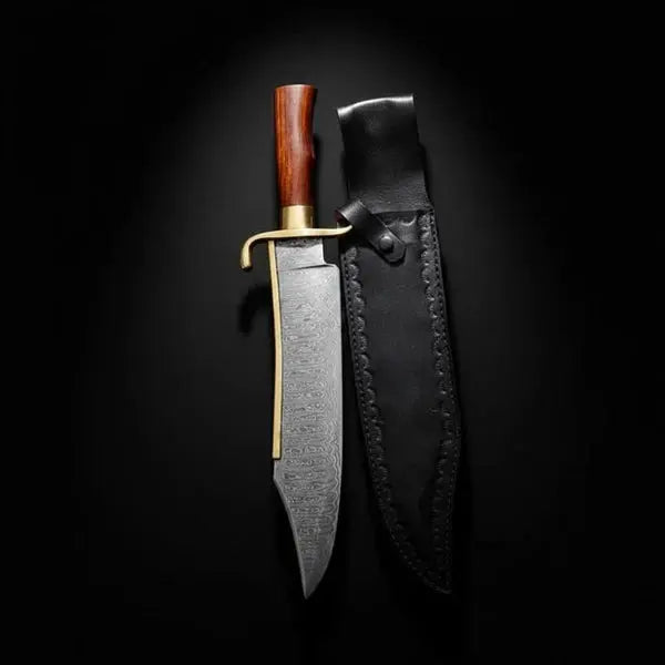 Load image into Gallery viewer, Handmade Damascus Bowie Knife – Rosewood Handle, Brass Guard &amp; Leather Sheath
