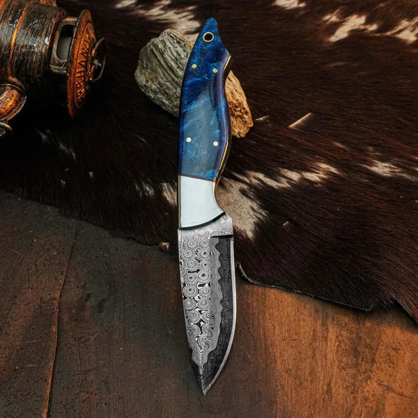 Load image into Gallery viewer, 8.6" Handmade Damascus Skinner Knife – Full Tang Resin Handle &amp; Sheath
