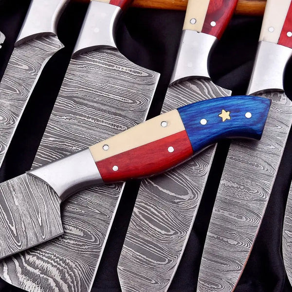 Load image into Gallery viewer, 7-Piece Handmade Damascus Steel Chef Knife Set – Twist Pattern Full Tang Kitchen Knives
