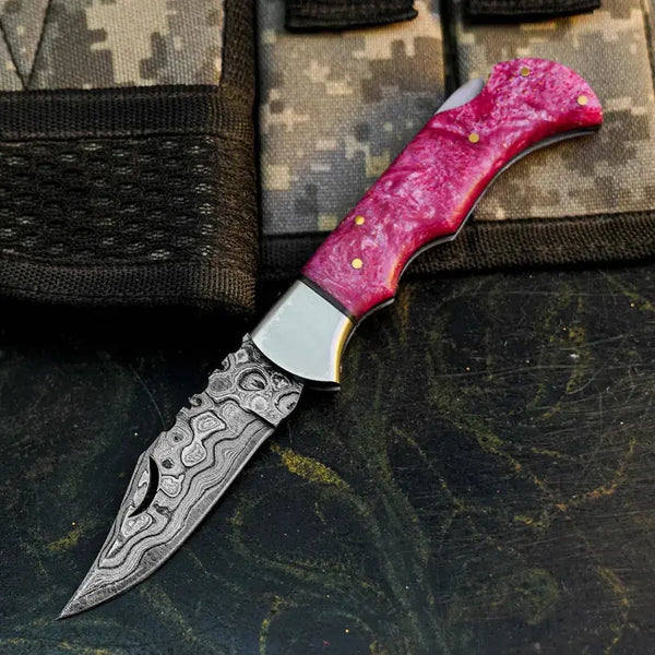 Load image into Gallery viewer, Handmade Damascus Folding Pocket Knife with Resin Handle
