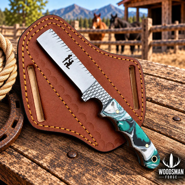 Load image into Gallery viewer, Ranchspire Rasp Steel Cowboy Bull Cutter Knife – Resin Handle &amp; Leather Sheath
