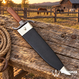 Ironwood Twisted Damascus Bowie Knife – Walnut Handle & Leather Sheath