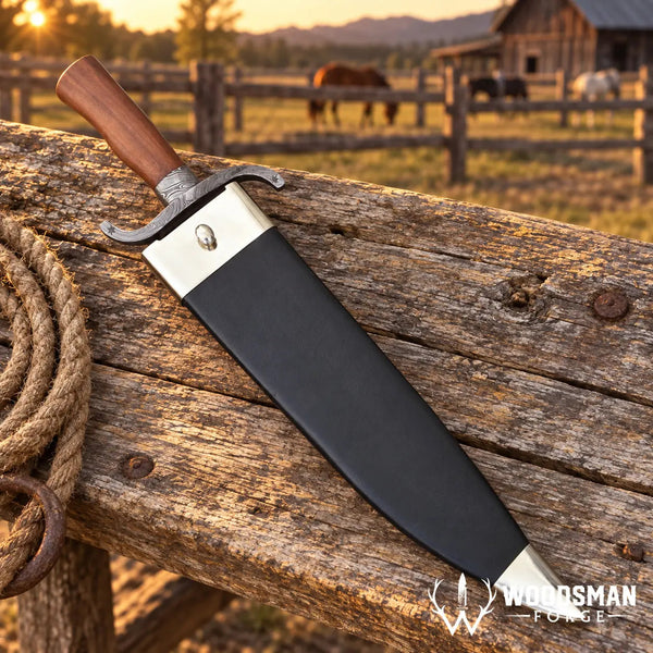 Load image into Gallery viewer, Ironwood Twisted Damascus Bowie Knife – Walnut Handle &amp; Leather Sheath
